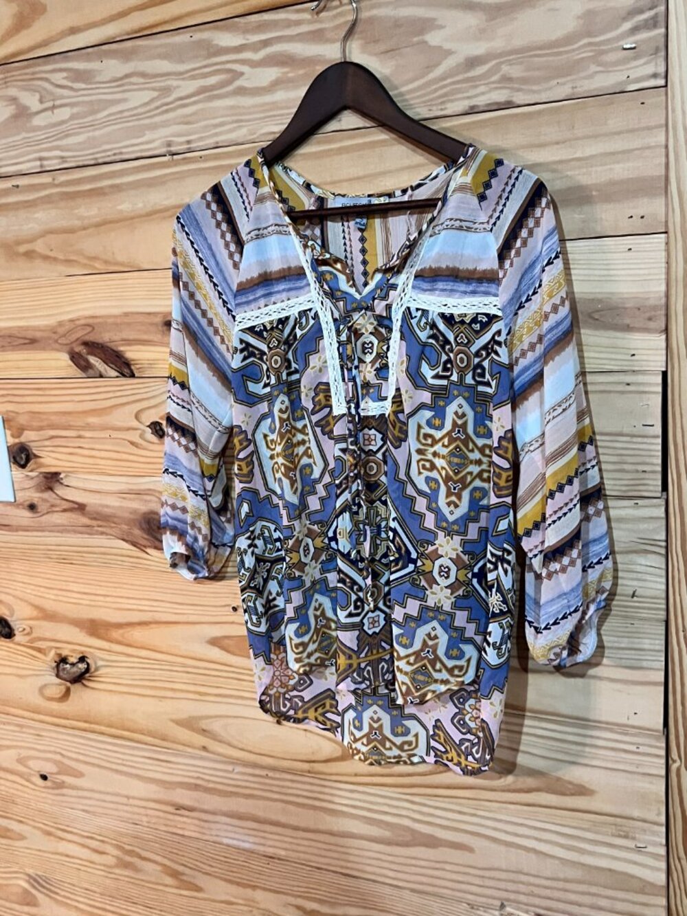 Figueroa & Flower Small Gray Yellow Geometric Floral Stripe Boho Peasant Blouse